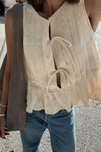 Solid Ruffled Tie Linen Cotton Shirt Tank Top image 7