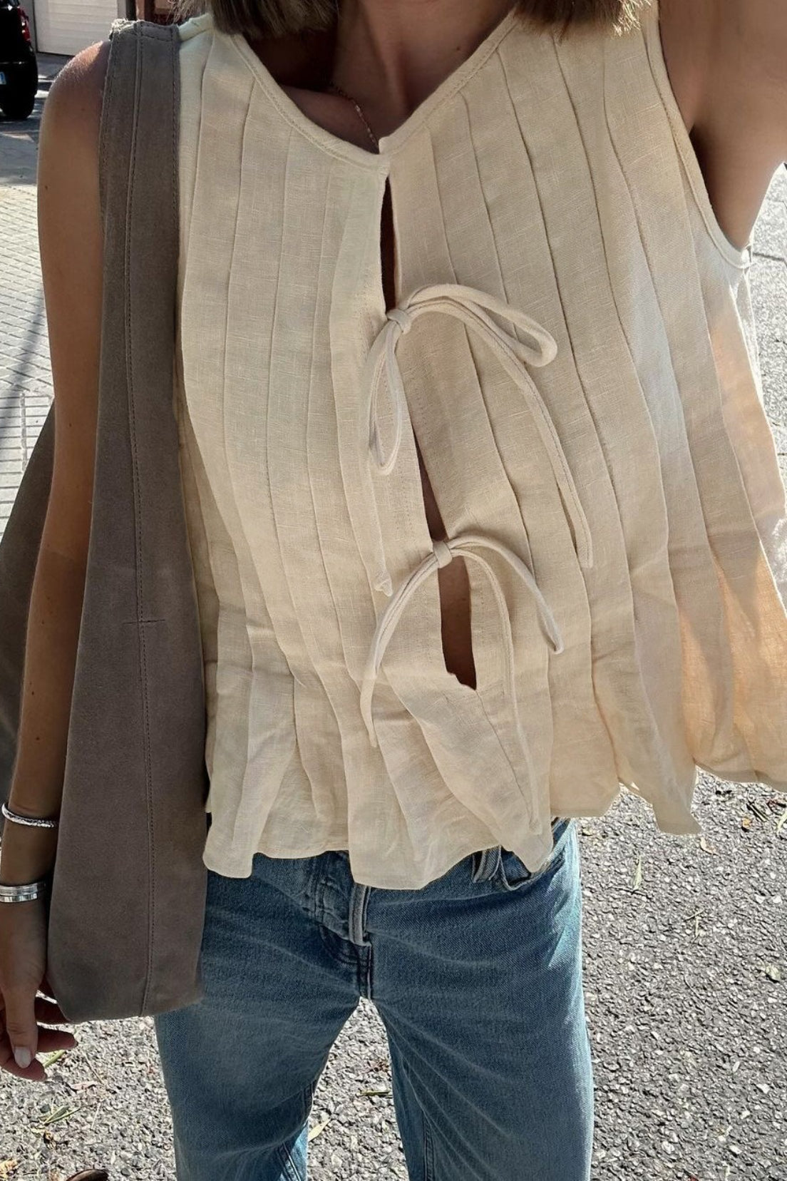 Solid Ruffled Tie Linen Cotton Shirt Tank Top image 7