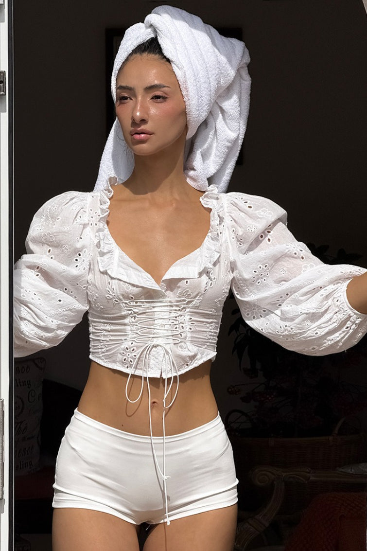 Cotton Hollow Puff Sleeve V Neck Tie Blouse image 6