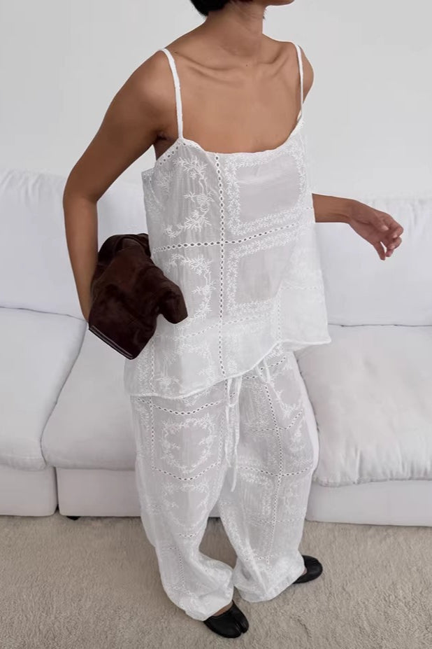 Wrap Embroidered Cutout Tie Loose Two Piece Set image 3