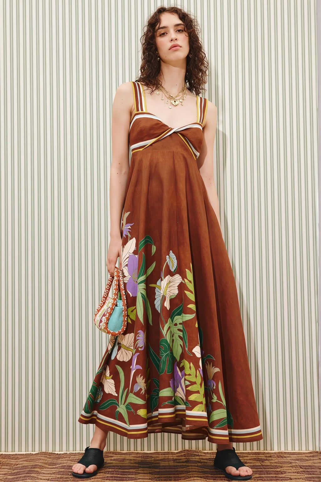 Floral Stripe Long Casual Boho Dress image 1