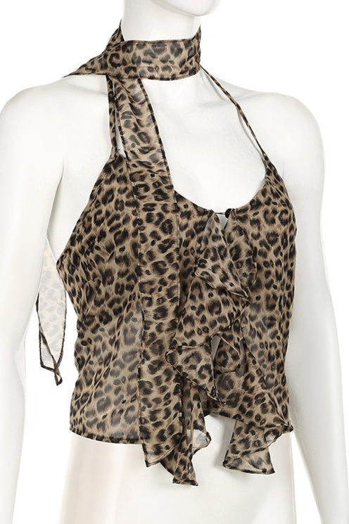 Chiffon Leopard Print Ruffle Halter Top image 5