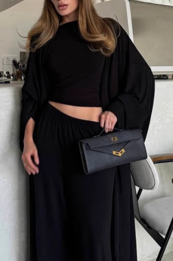 Solid Knit Flowly Long Sleeve Robe Three Piece Set image 12