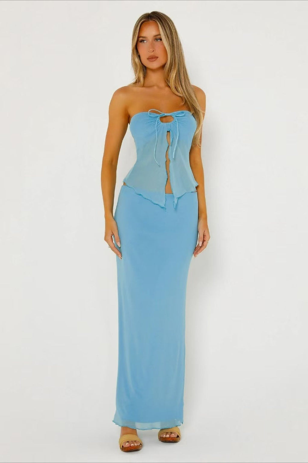 Double Layer Mesh Strapless Crop Bodycon Skirt Set image 5
