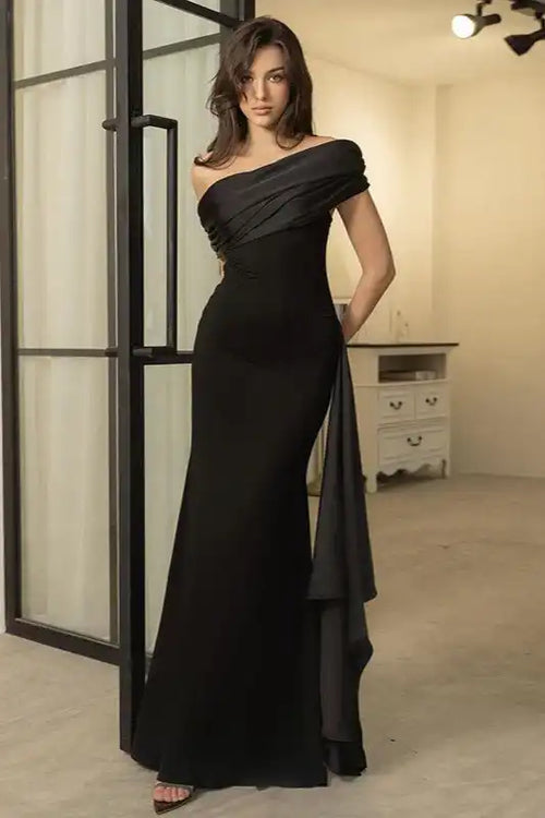 Black One Shoulder Flowy Sleeve Formal Dress image 2