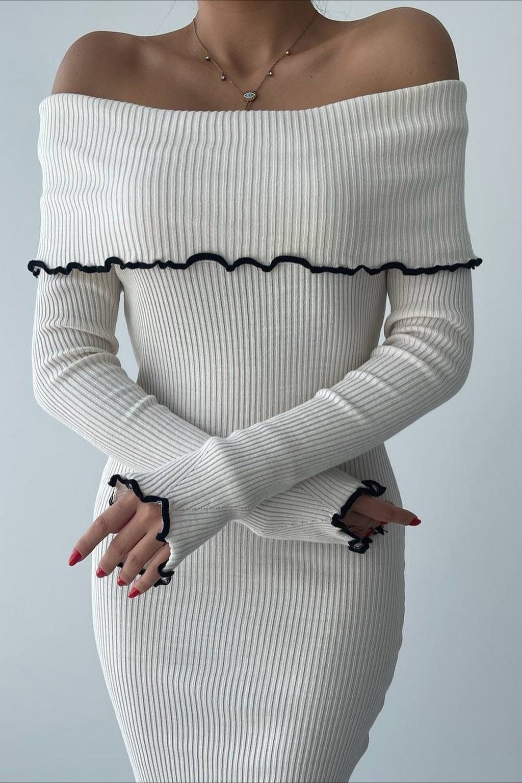 Ribbed Off Shoulder Color Block Knit Sweater Dress image 2