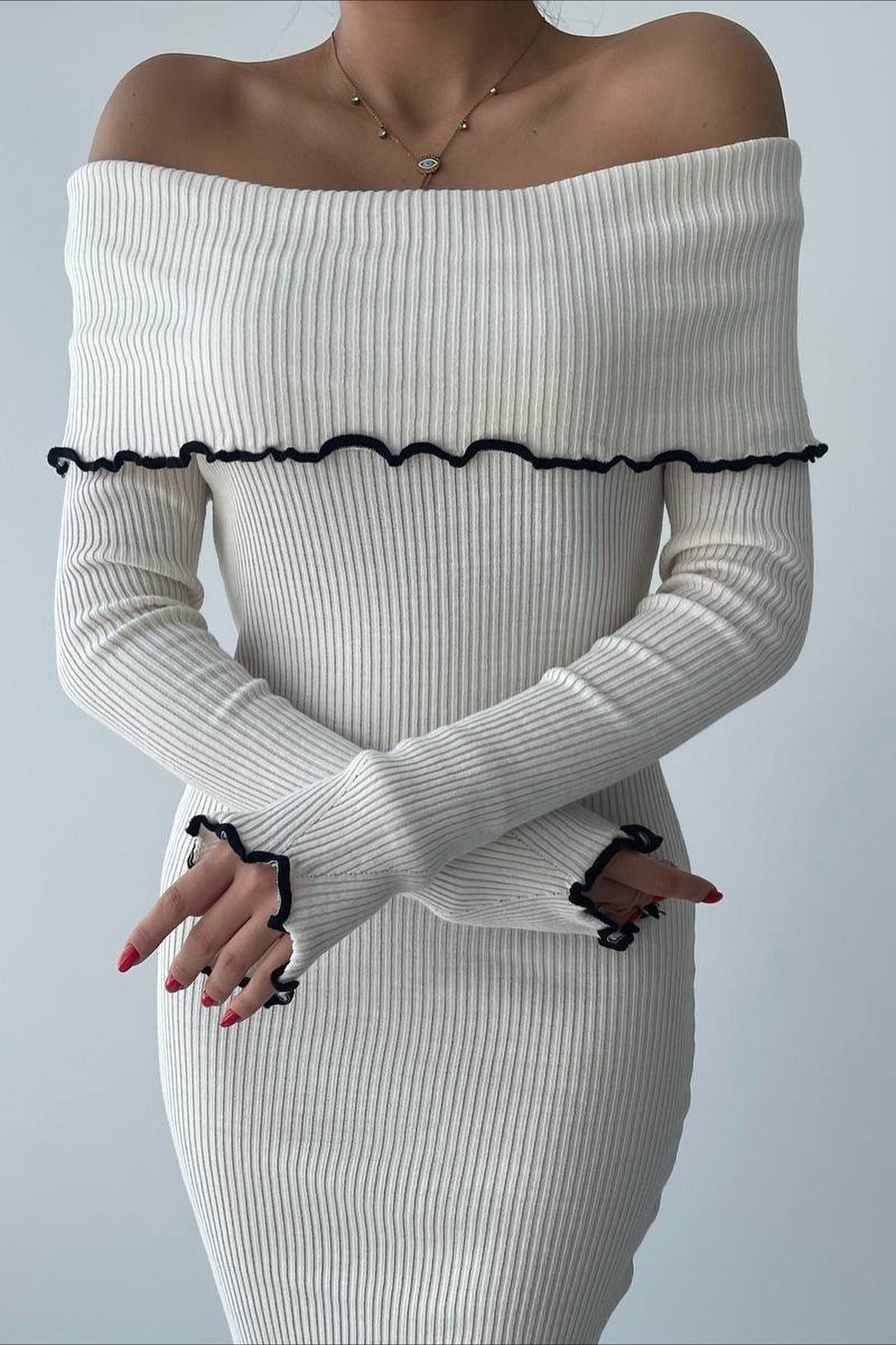 Ribbed Off Shoulder Color Block Knit Sweater Dress image 2