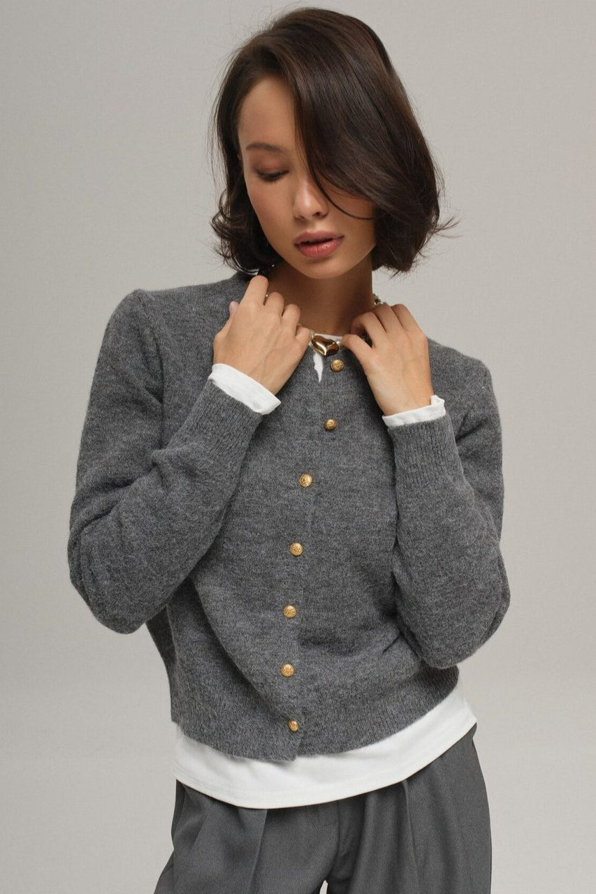 Minimalist Knitted Gold Buckle Crew Neck Cardigan image 2