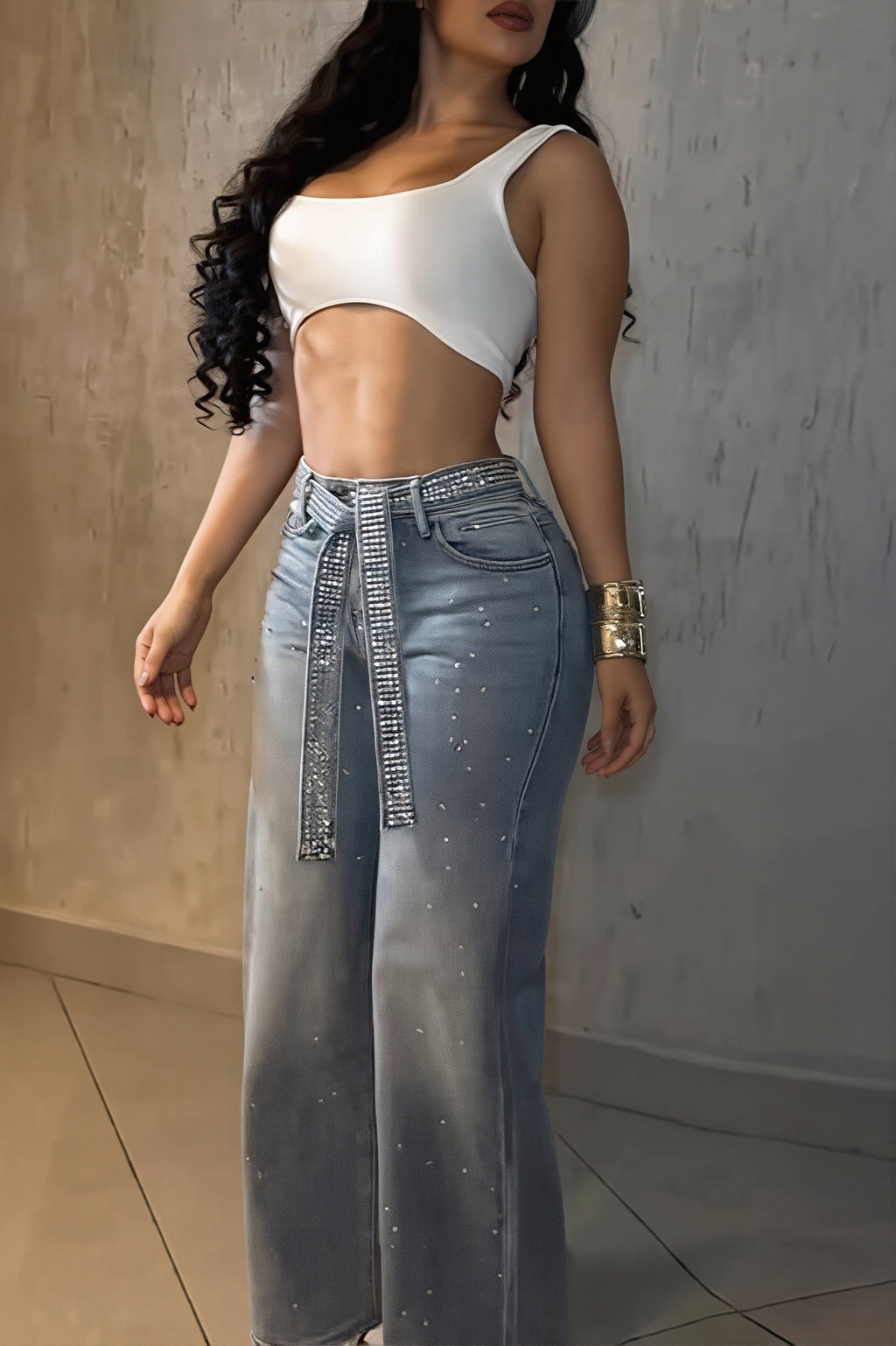 Sexy Rhinestone Belt High Waist Straight Jeans image 2