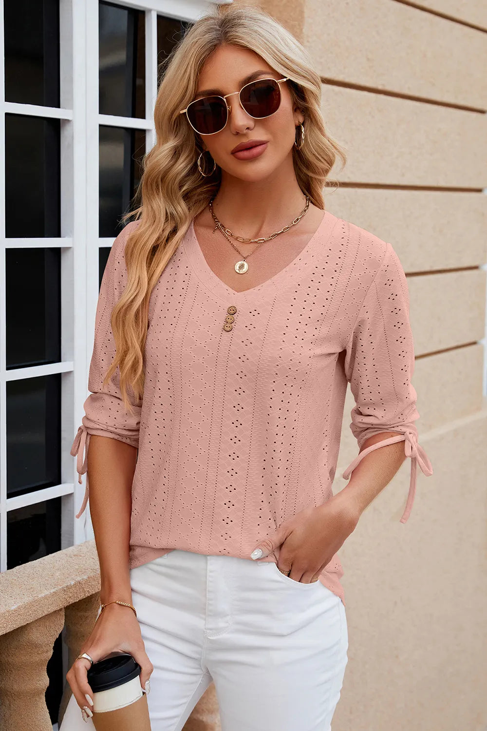 Petra Eyelet Top detail view styled for Avrienne