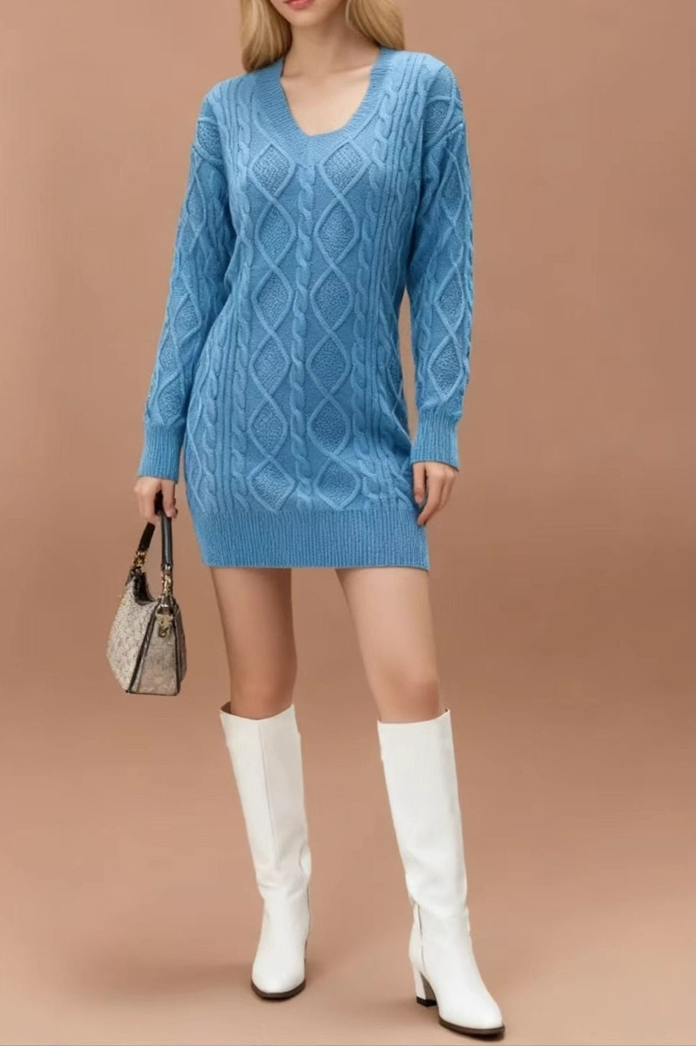 V-Neck Solid Cable-Knit Sweater Mini Dress image 3