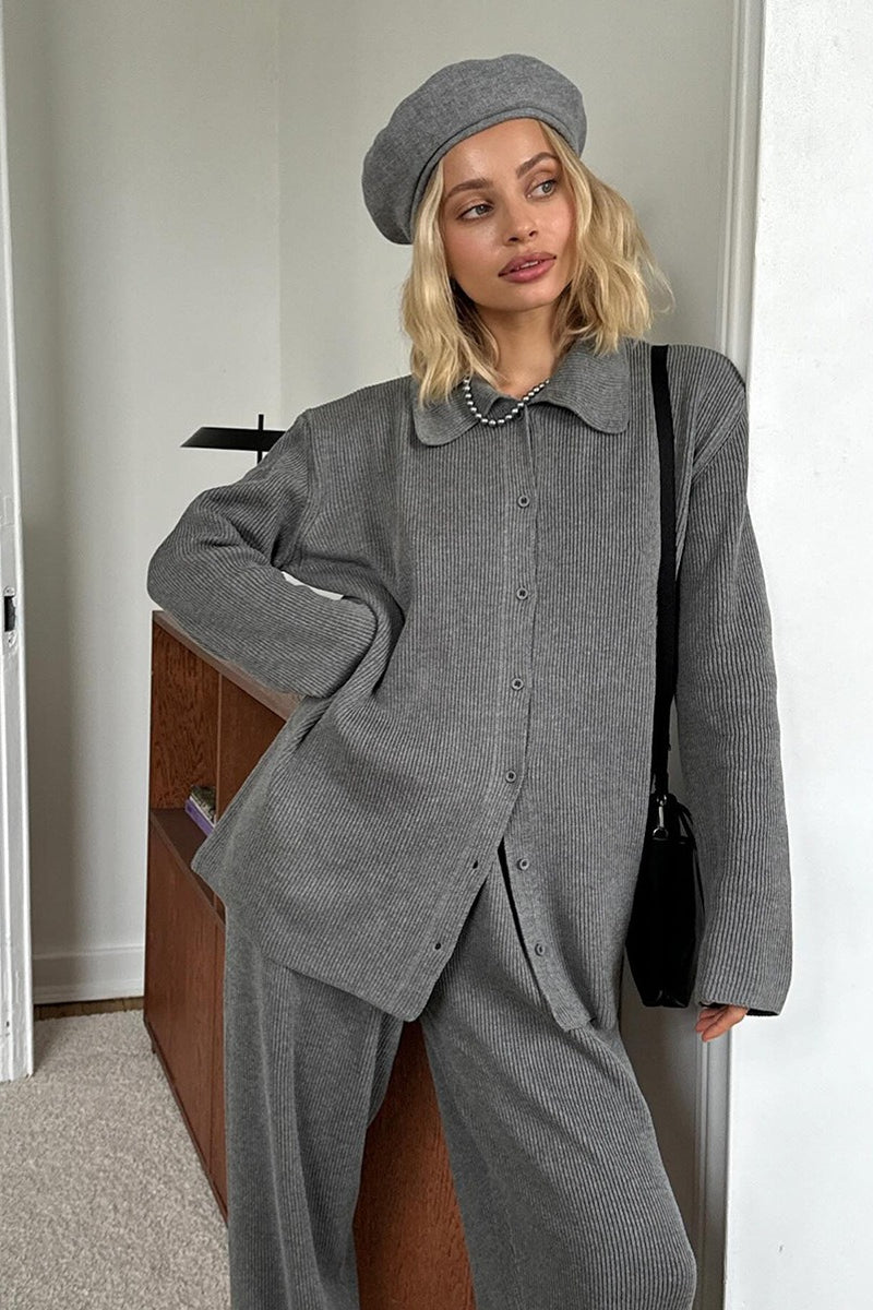 Knit Ribbed Collar Long Sleeve Loose Two Piece Set image 11