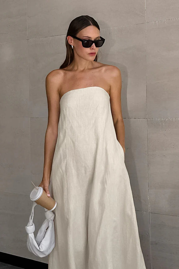 Khaki Cotton Linen Strapless Backless Maxi Dress image 5
