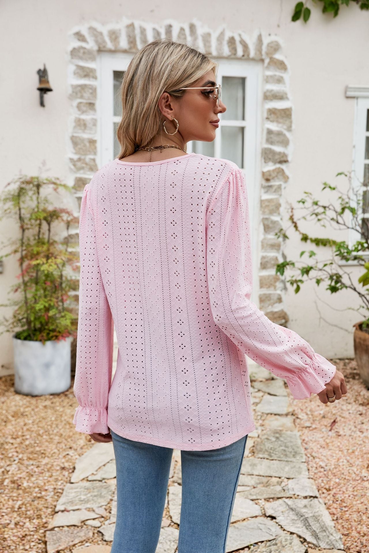 Lisette Eyelet Blouse detail view styled for Avrienne