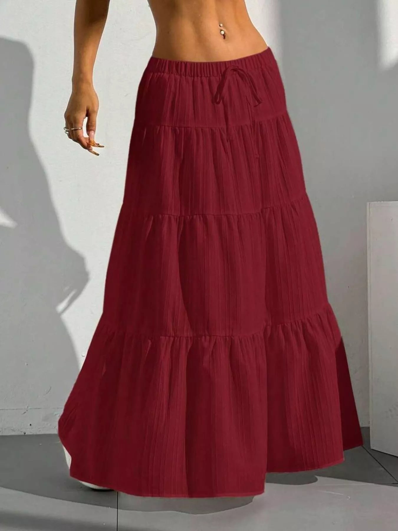 Capri Tiered Maxi Skirt detail view styled for Avrienne