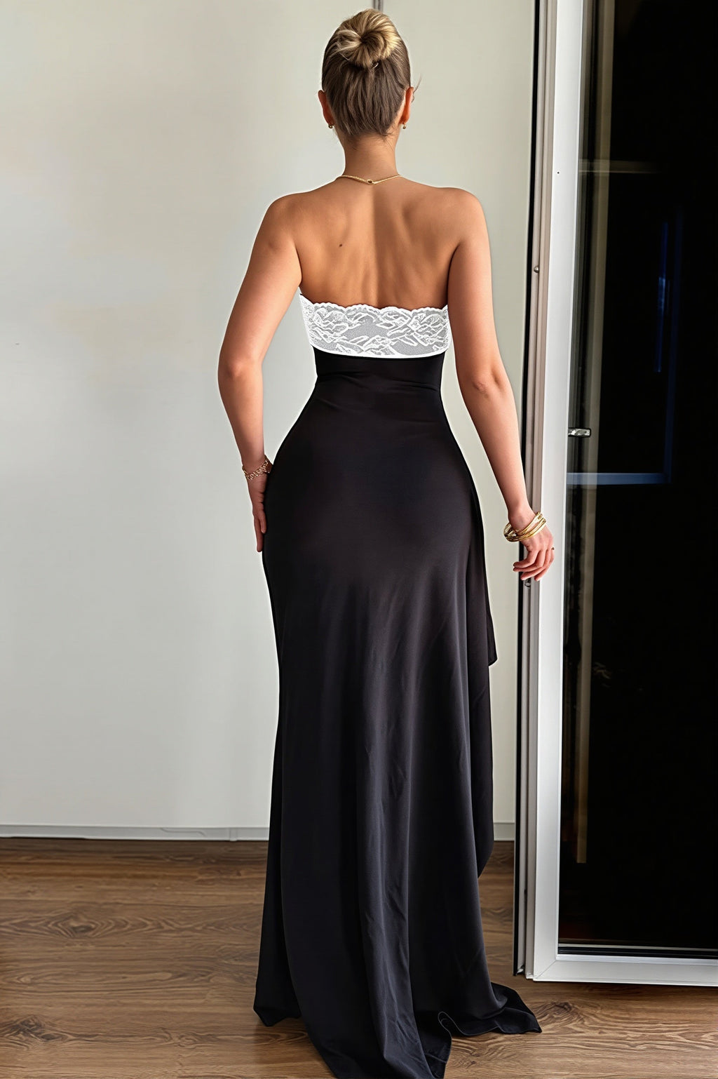 Chic Lace Trim Strapless Bodycon Slit Maxi Dress image 4