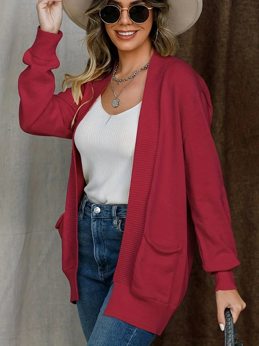 Anya Open Cardigan detail view styled for Avrienne