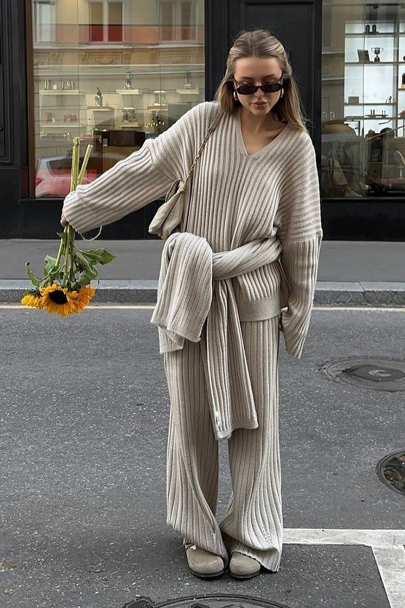 Relaxed Fit V Neck Ribbed Sweater with Pants Two Piece Pants Set image 7