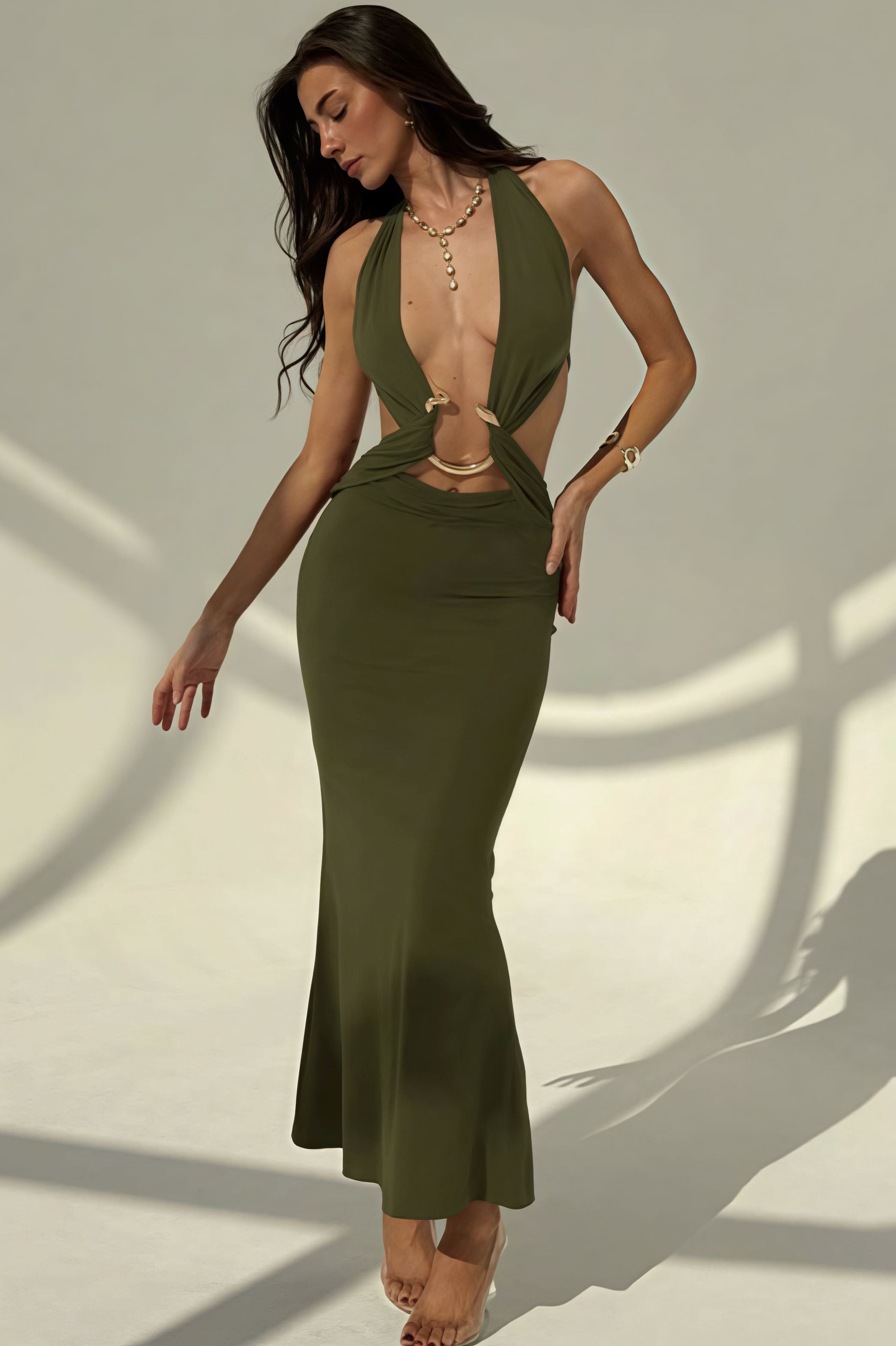 Sexy Halter Deep V Neck Backless Metal Maxi Dress image 10