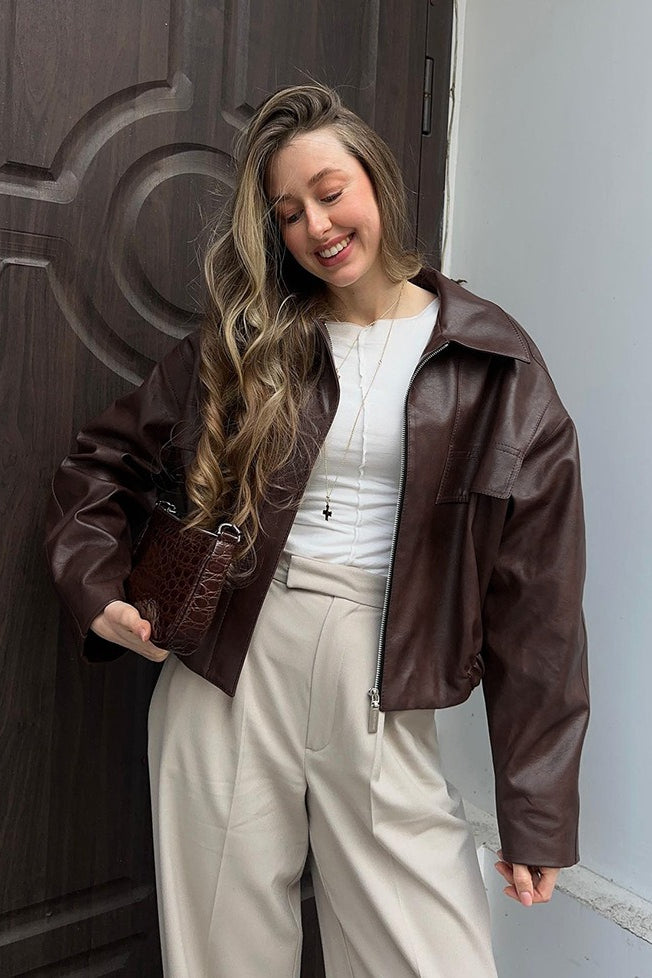 Retro Brown PU Leather Jacket image 1