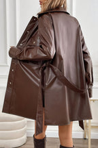 Mid-Length Windproof PU Belted Coat image 7