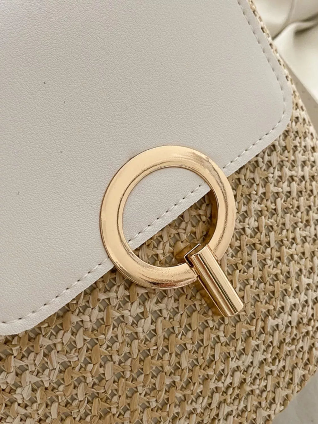 Naomi Straw Crossbody detail view styled for Avrienne