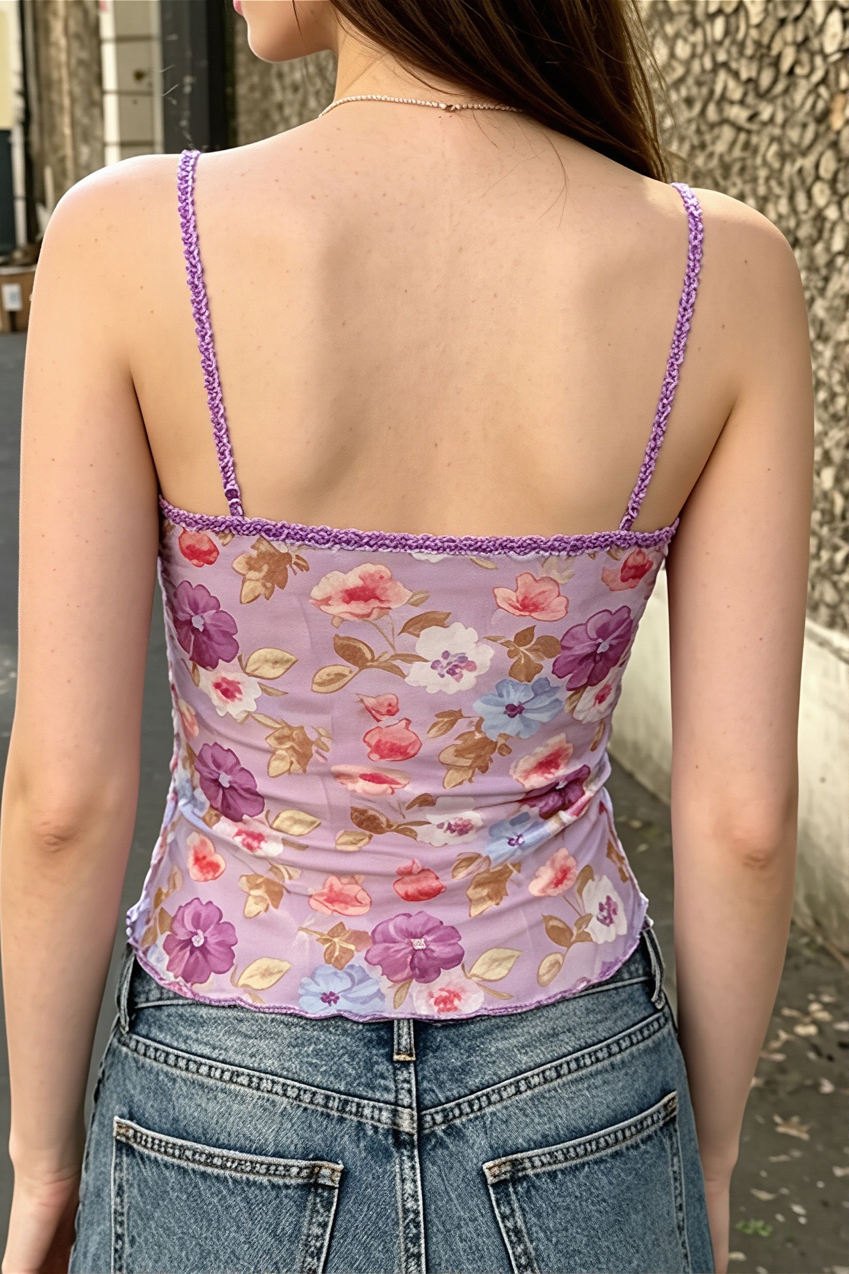 V Neck Lace Floral Tie Cami Top image 4