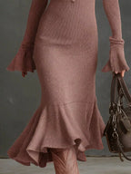 Valeria Ribbed Midi Dress detail view styled for Avrienne