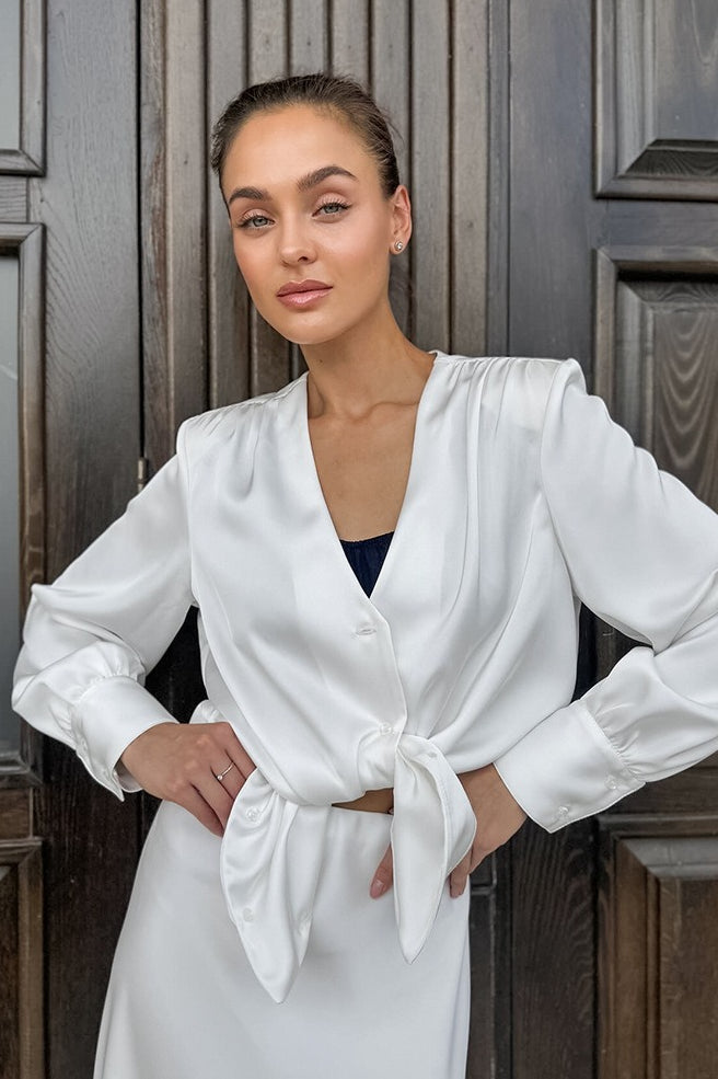 Satin Acetate-like V Neck Tie Long Sleeve Skirt Set image 3