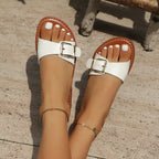 Emilia Buckle Sandals detail view styled for Avrienne