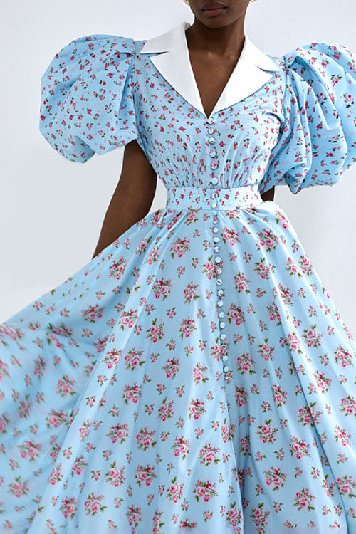 Puff Sleeve Collared High Waist Buttoned A Line Floral Dress image 3