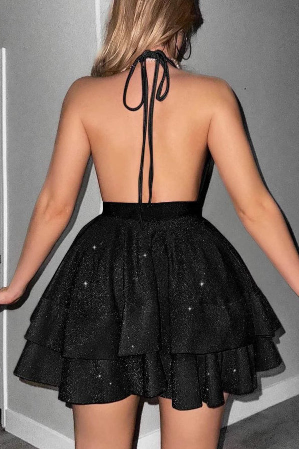 Shiny Deep V Ruffle Flared Mini Dress image 5