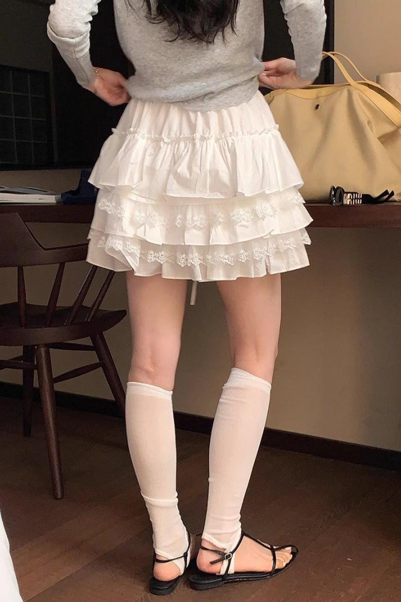 High Waist Tiered Ruffle A Line White Mini Skirt image 3