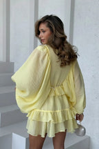Round Neck Button Ruffle Bell Sleeve Mini Dress image 3