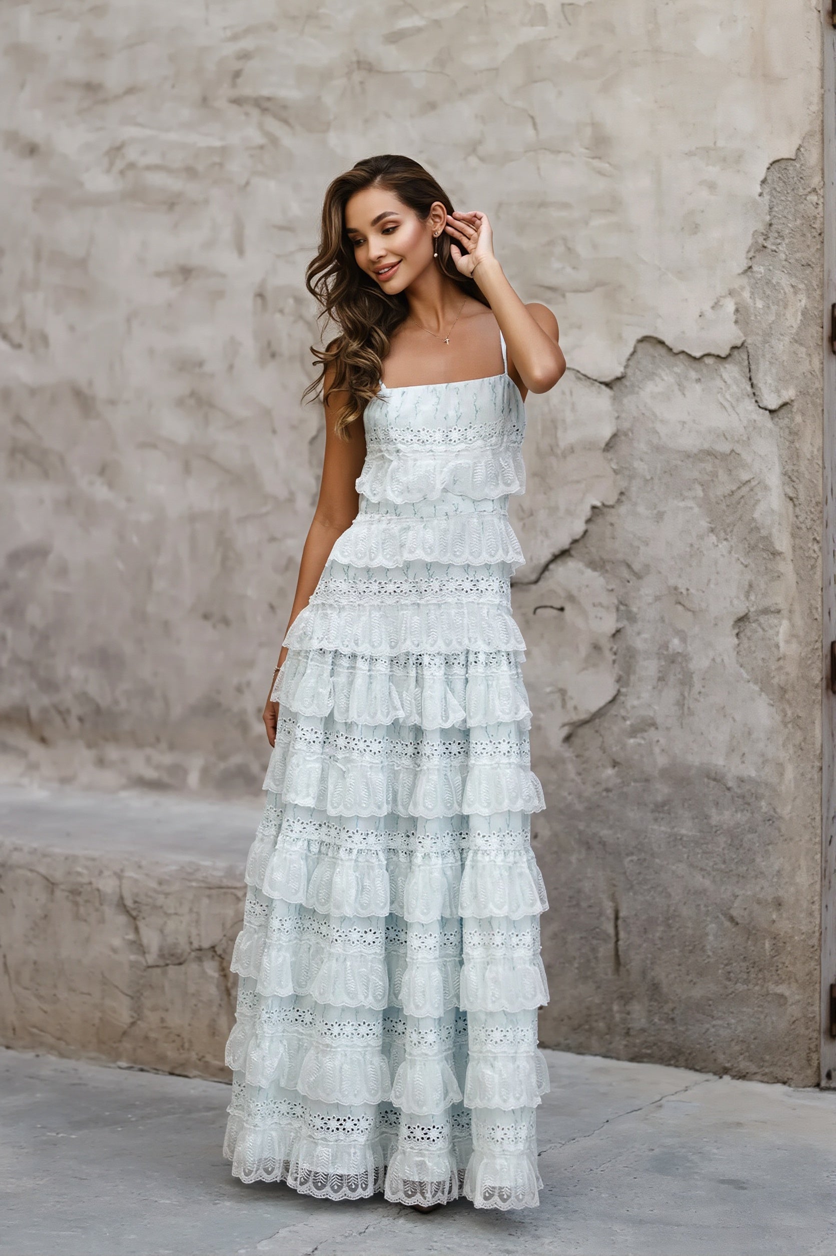 Sexy Lace Trim Print Tiered Ruffle Hem Cami Maxi Dress image 8