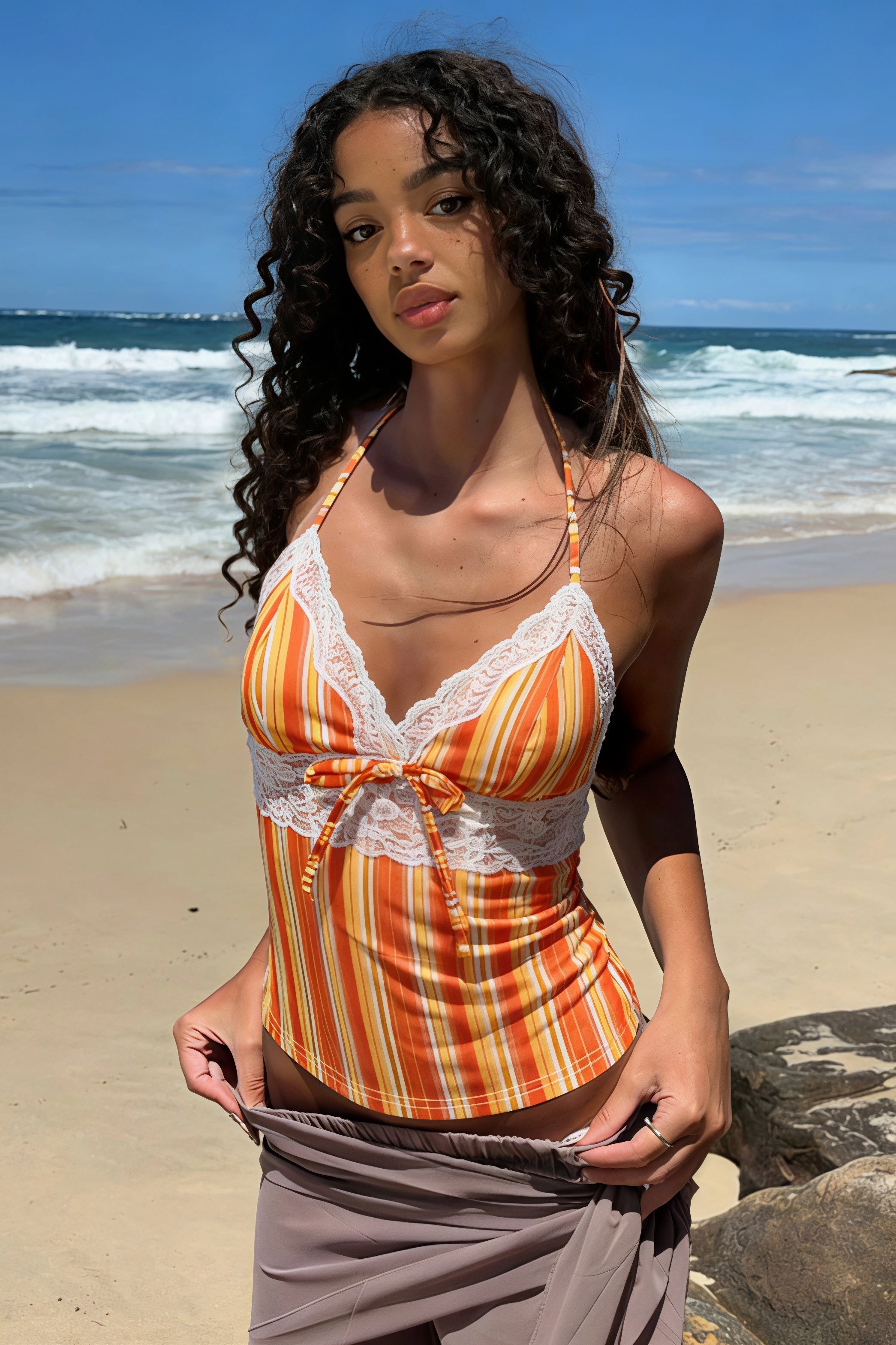 Lace Spliced Orange Striped Halter Top image 2
