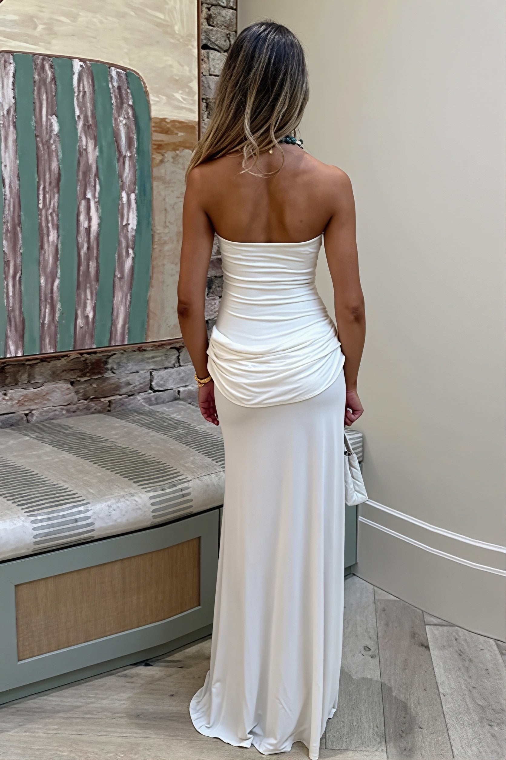 Chic Solid Strapless Ruched Side Slip Maxi Dress image 3