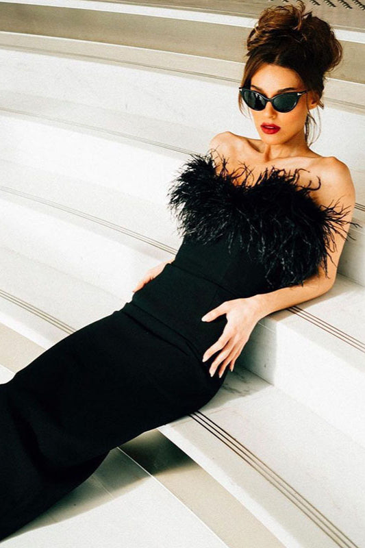 Strapless V-Neck Feathered Mermaid Party Dress image 3