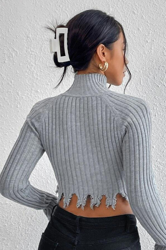 Distressed High Neck Cropped Knit Sweater image 4