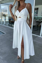 Solid Deep V Cut Out Cami Swing Slit Maxi Dress image 3