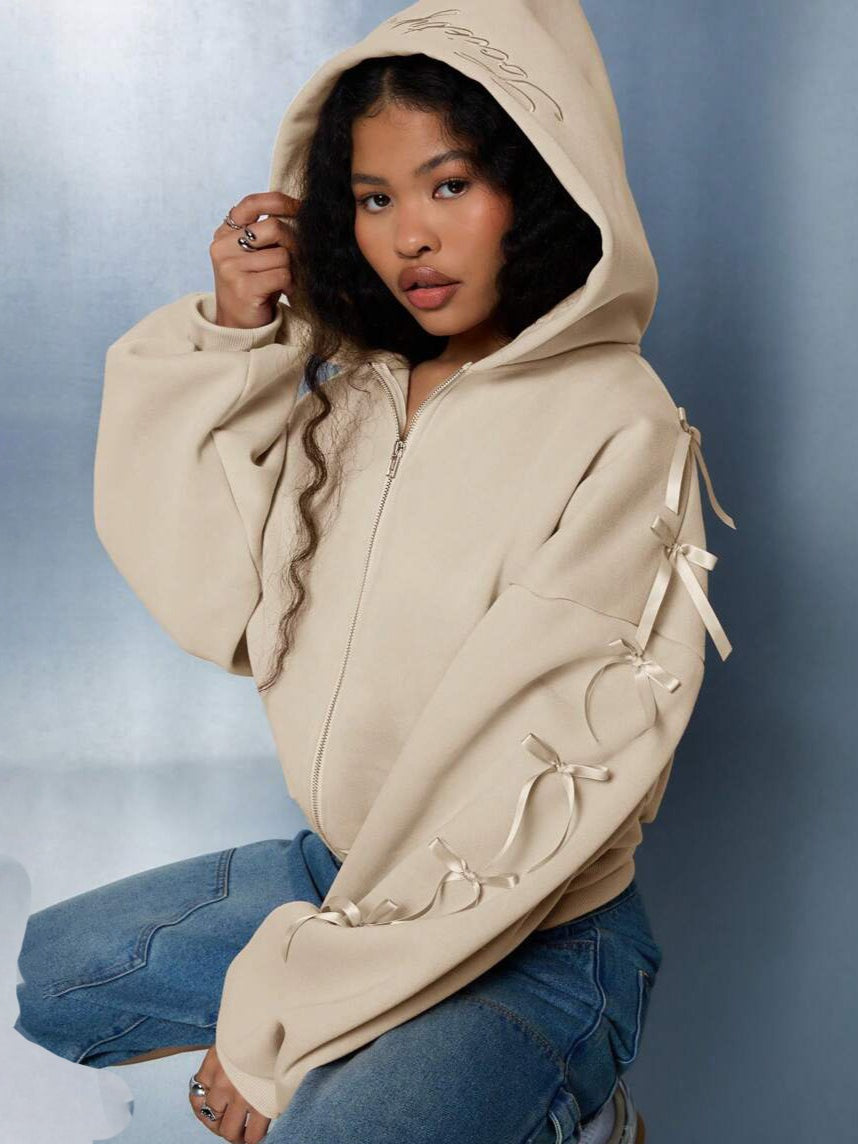 Embroidered Side Bow Zip Up Hoodie image 2