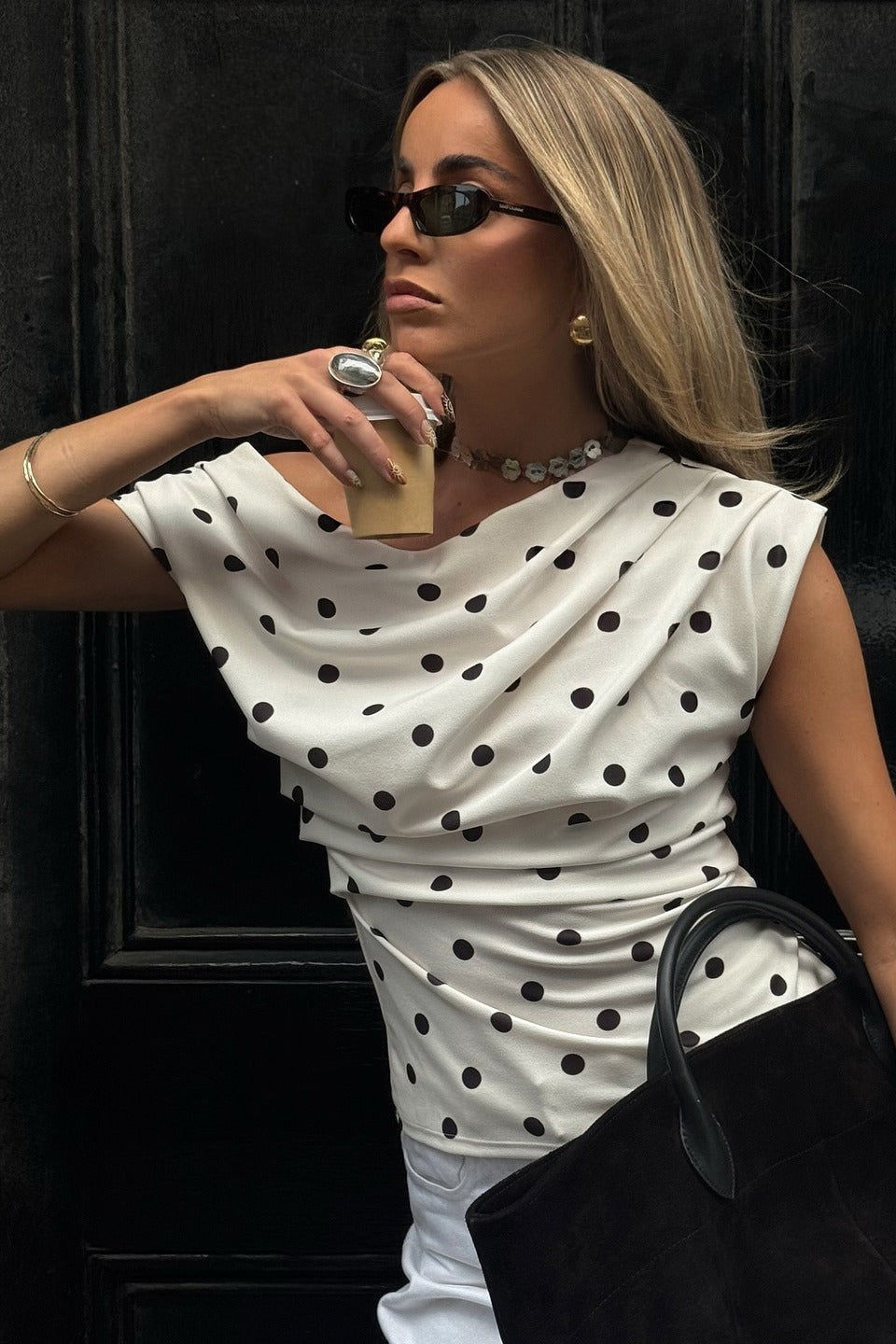 Retro Polka Dot One Shoulder Blouse image 1