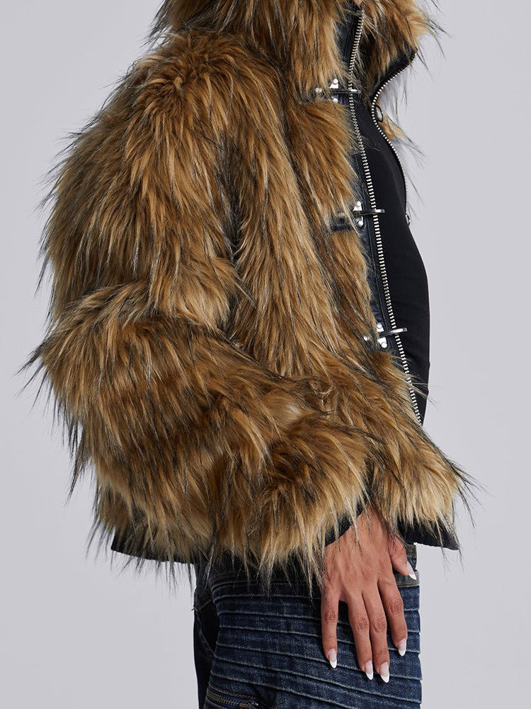 Metal Button Zipper Fur Leather Panel Loose Coat image 3