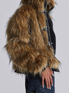 Metal Button Zipper Fur Leather Panel Loose Coat image 3