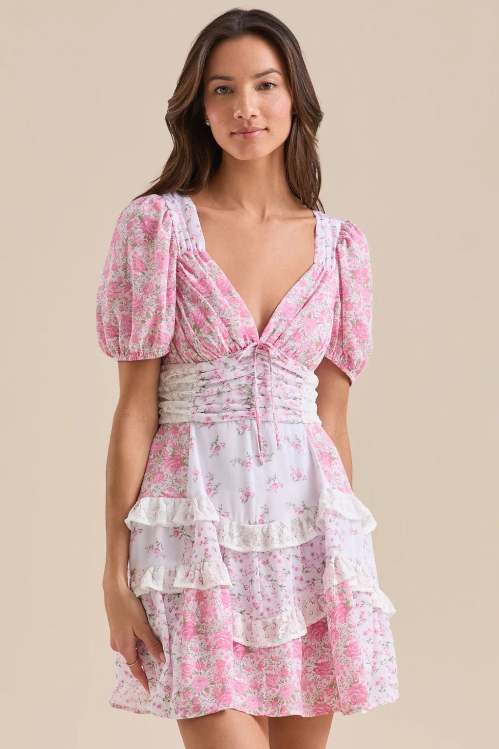Floral Lace Patchwork V Neck Puff Short Sleeve Mini Dress image 6