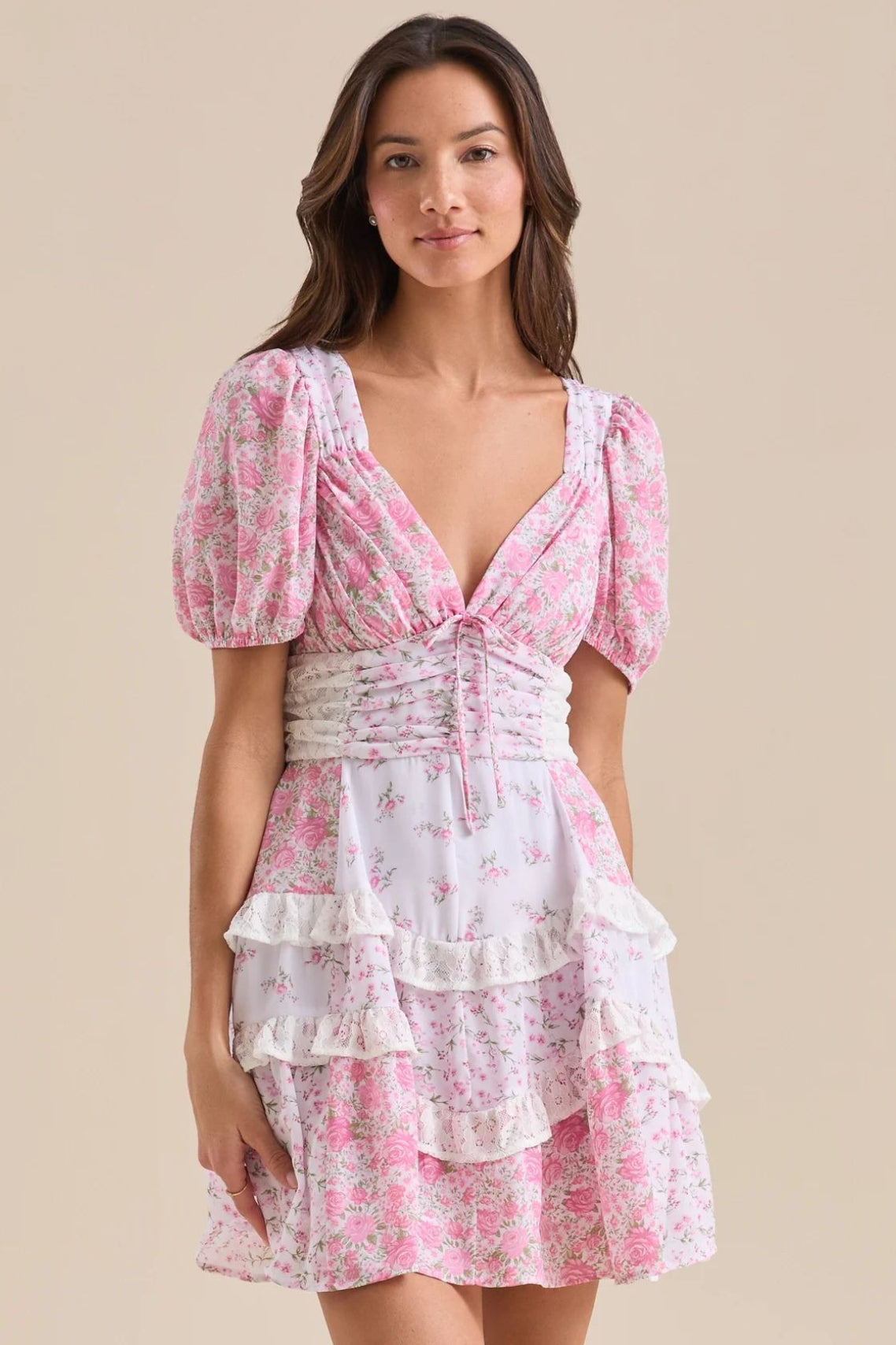 Floral Lace Patchwork V Neck Puff Short Sleeve Mini Dress image 6