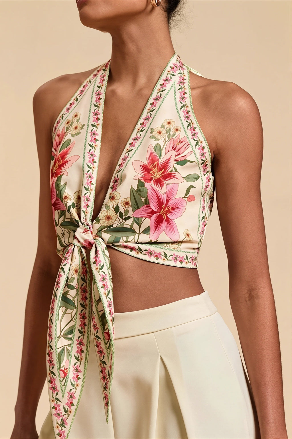 Boho Floral Backless Tie Halter Top image 2