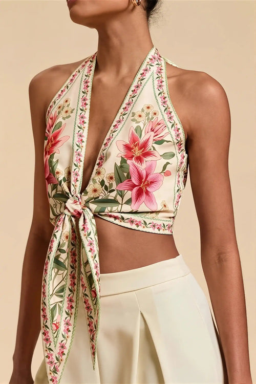 Boho Floral Backless Tie Halter Top image 2