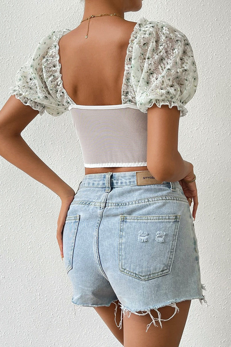 Printed Button Front Low Cut Backless Blouse image 4