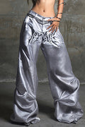 Letter Print Contrast Satin Straight Leg Pants image 1